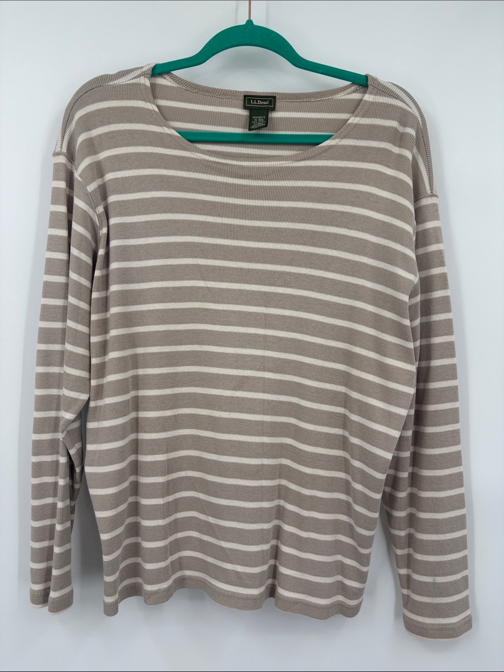 L.L. Bean Taupe and White Striped Crew Neck Sweater